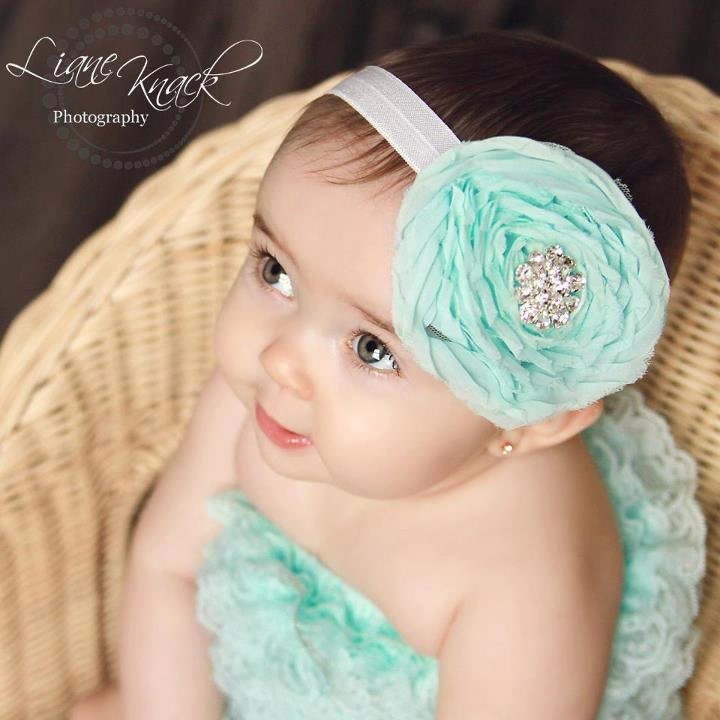 Aqua Mint Blue Turquoise Chiffon w/ BLING Fabric Flower Headband Rosette Bridal Women Toddlers - Boutique Vintage Shabby Chic Photography