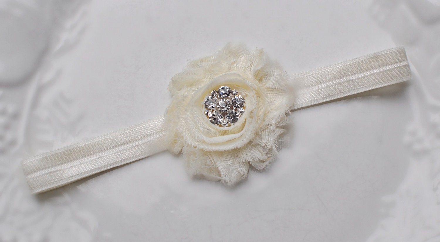 Headband IVORY Baptism Cream Shabby Chic Frayed Rose Rosette Headband MEGA BLING - Fits Babies and Toddlers Girls