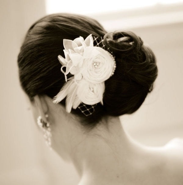 Wedding hair accessories - Wedding headpiece - vintage bridal hair piece - ivory rosette flower Sparkle As One