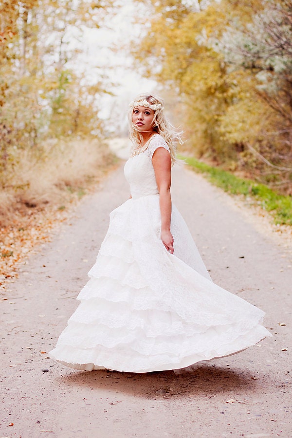 Ruffle Flower and Vintage Lace Wedding Halo Headband - Bridal head piece - wedding hair accessories - ivory and rhinestone flowers