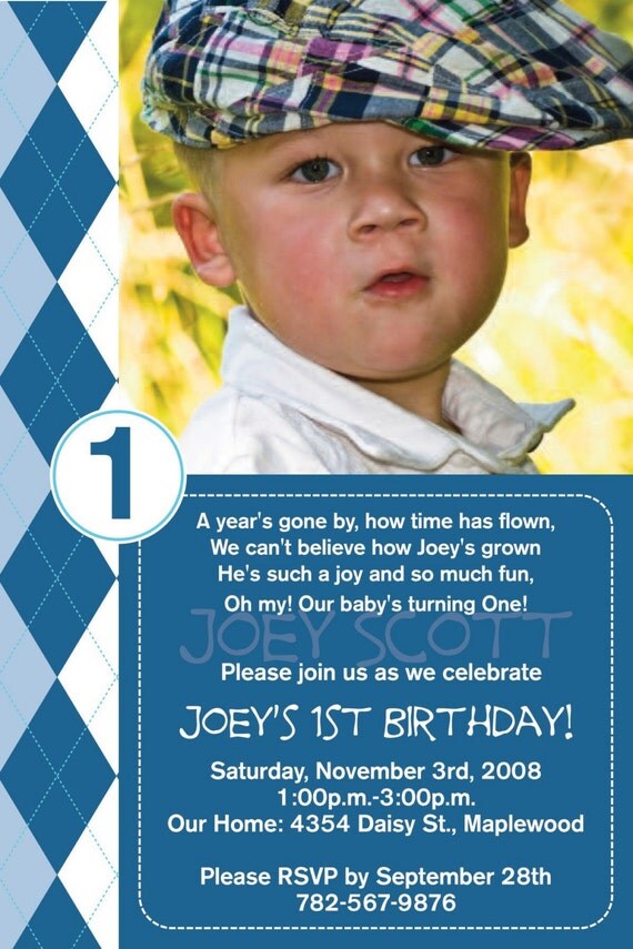 Boy Argyle - Custom Photo Birthday Invitation for any age Il_570xn