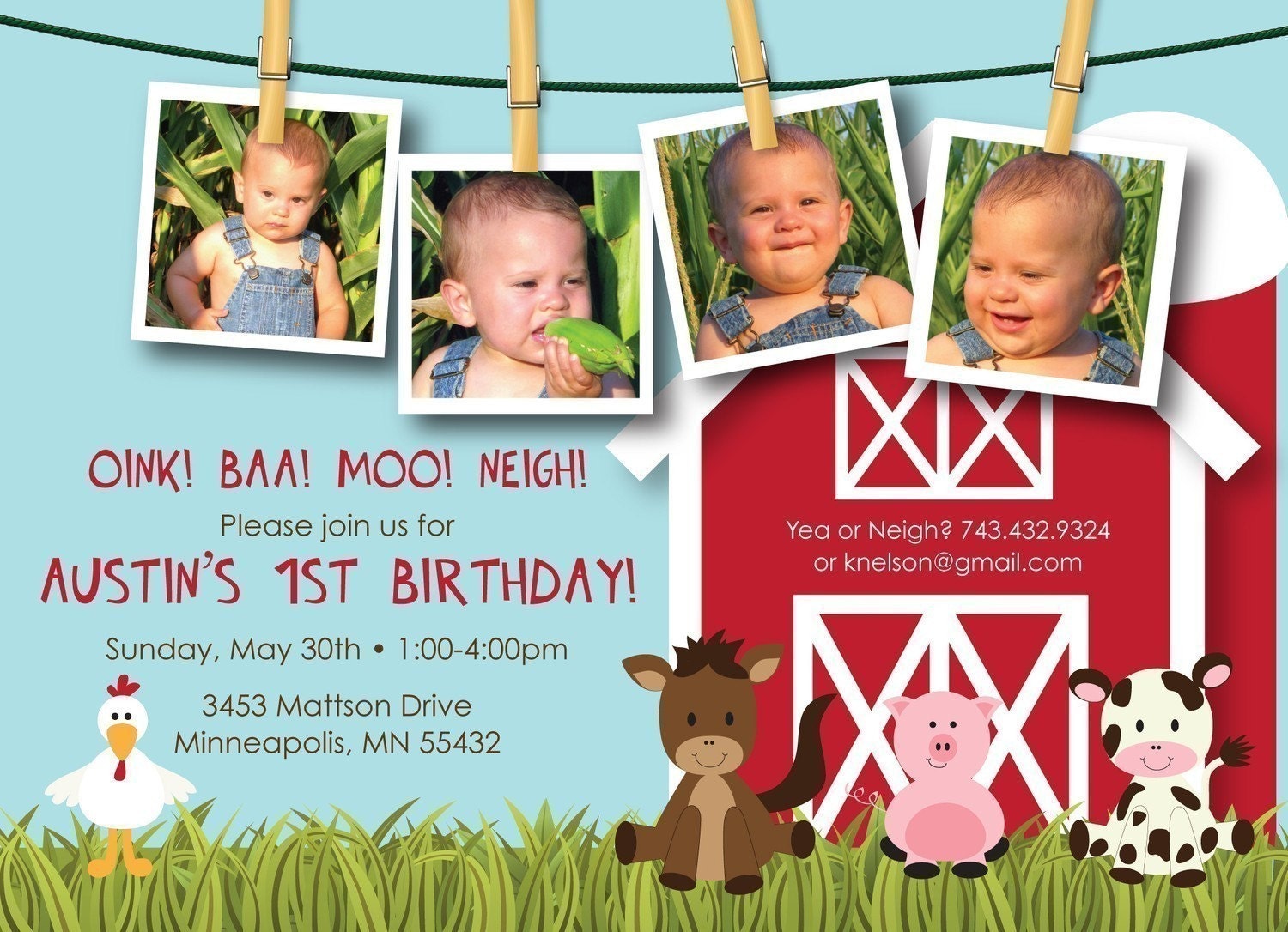 Farm Friends First Birthday - Custom Photo Birthday Invitation Il_570xn