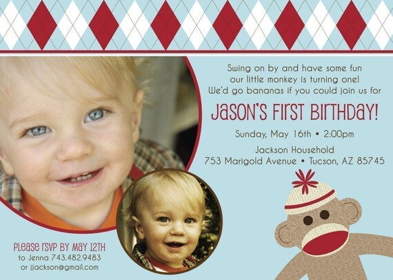 Sock Monkey Retro Argyle - Custom Photo Birthday Invitation for any Age Il_570xn