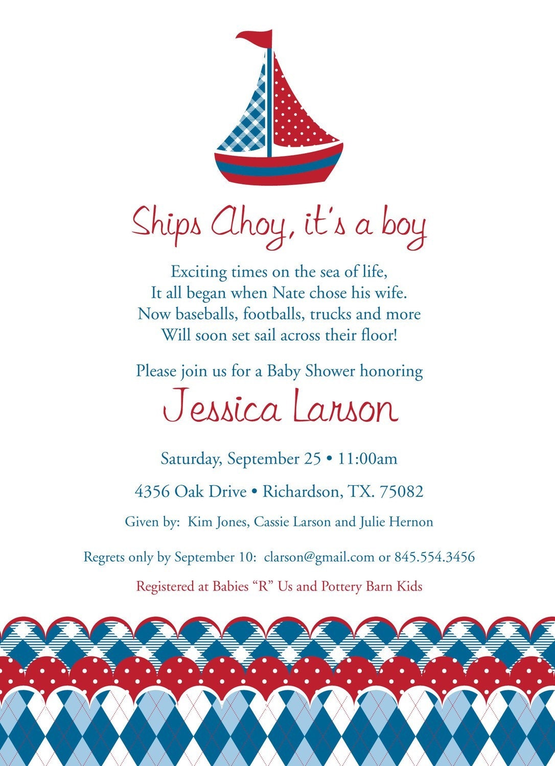 Ships Ahoy - DIGITAL Custom Baby Shower Invitation Invite, boy