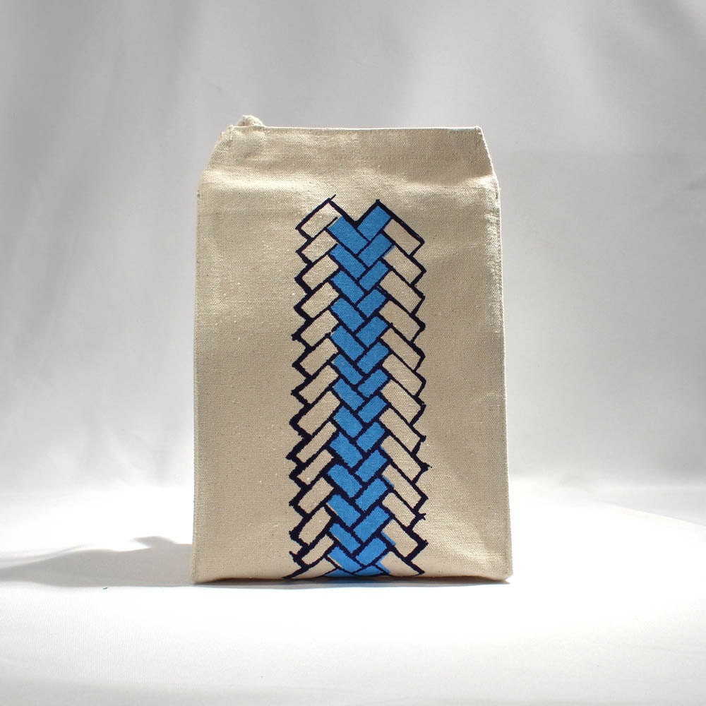 Lunch bag recycled cotton geometric brick pattern peacock blue with dark violet water based ink