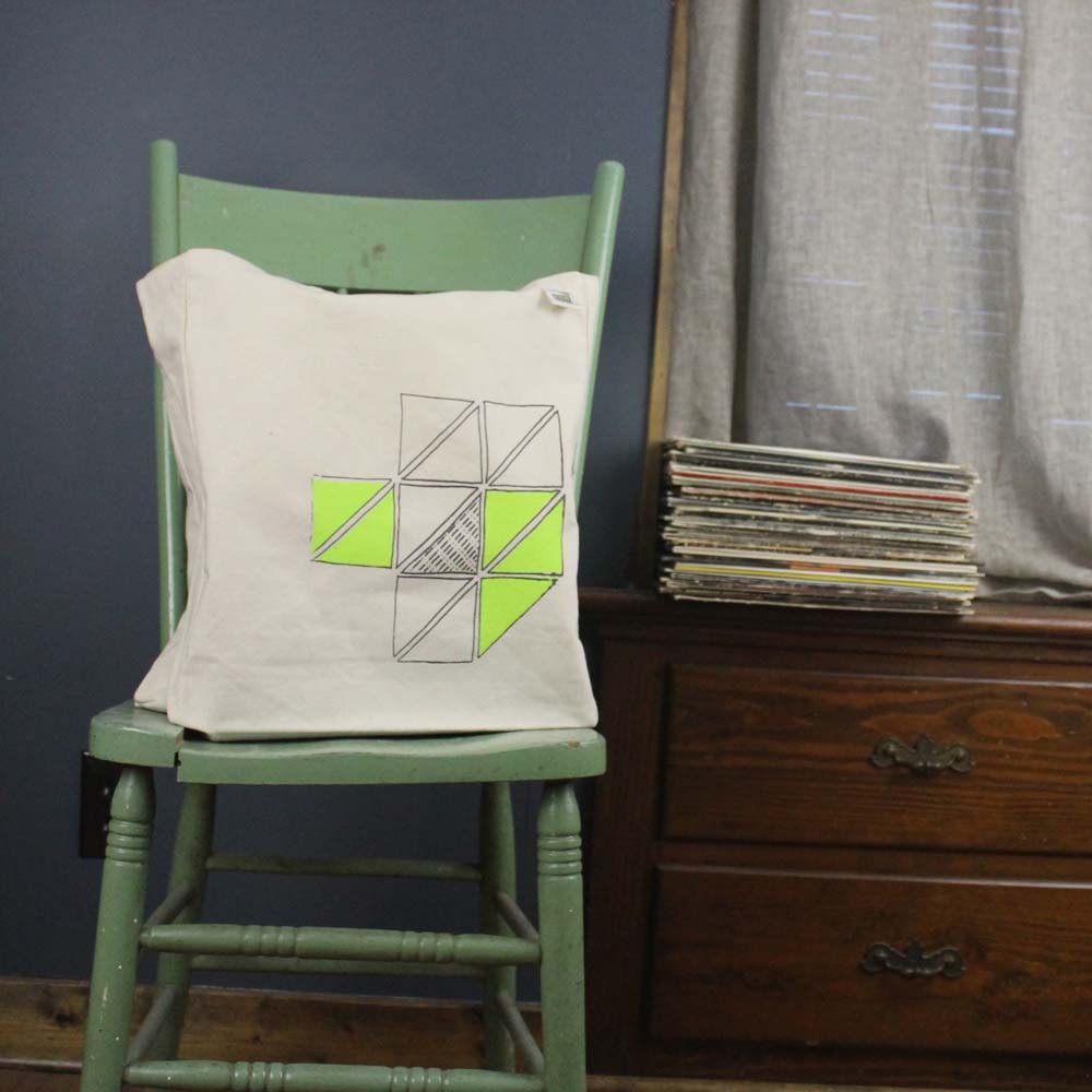geometric triangles tote bag recycled cotton neon green and steel gray