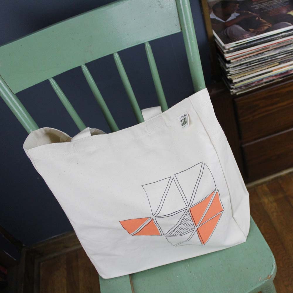 screen printed tote bag geometric print peach with steel gray on recycled cotton canvas