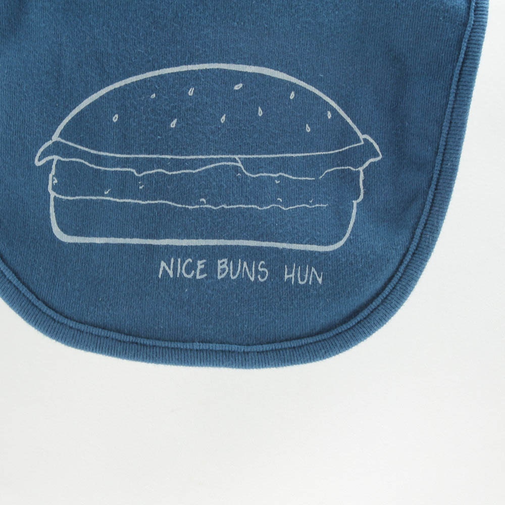 Organic baby bib screen printed nice buns burger bib galaxy blue with white ink