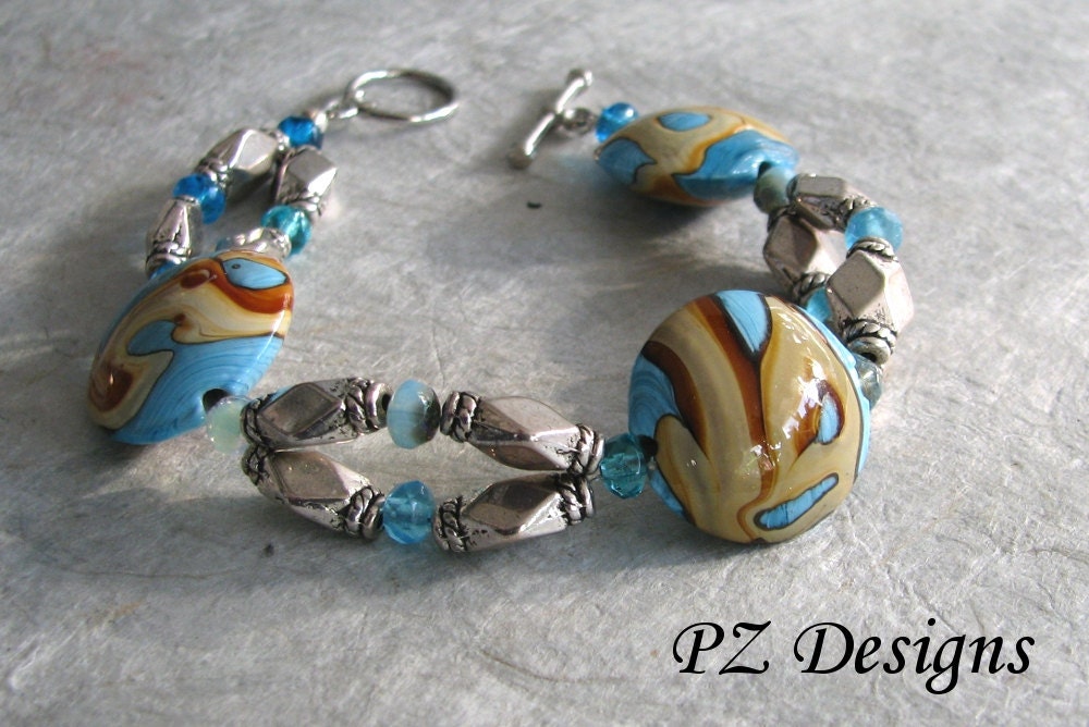 CLEARANCE: Desert Sculptures Bracelet - Lampwork Beads, Blues & Browns, Silver, Toggle Clasp - PZdesigns