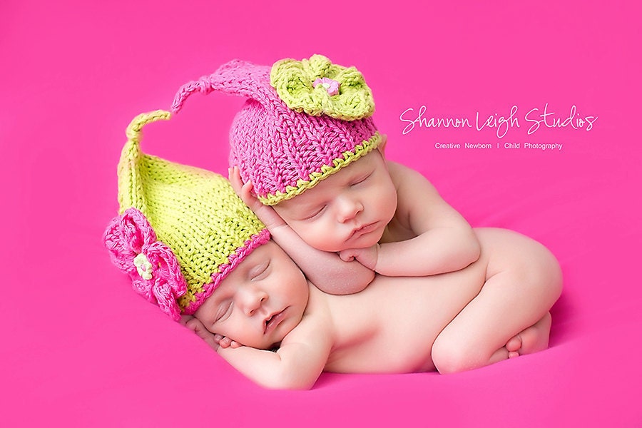 Twin Set Baby Girl Lil Bright Blossoms Tie Knot Baby Hat Beanie Pink And Green          Also Sold Seperately       100 Percent Cotton