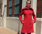 Red womens Coat, Italian wool coat with toggles, size 6 US, last one available