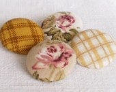 Fabric Covered Buttons Cozy Brown Series 4 Medium Fabric Buttons Fall Yellow, Mustard, Pink Flowers, Roses, Plaid