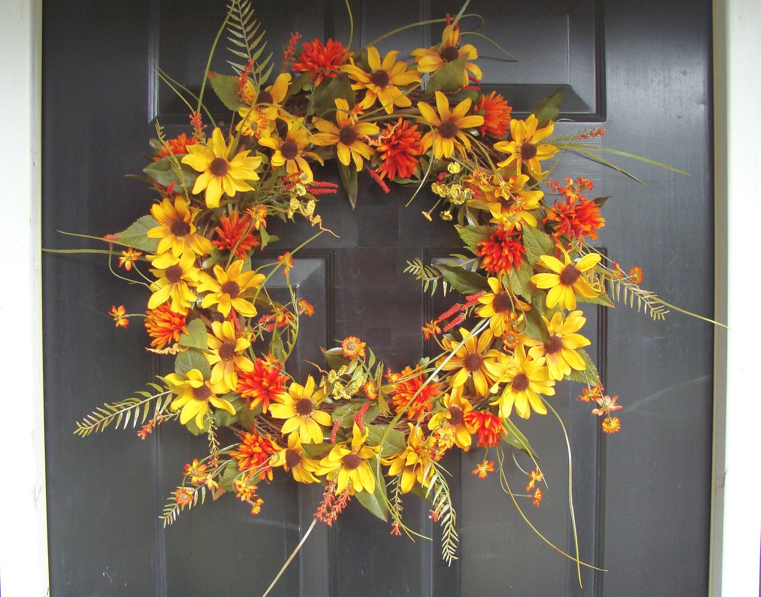 Fall Decor- Sunny Days Mums and Daisy Fall Wreath- Front Door Autumn Wreath