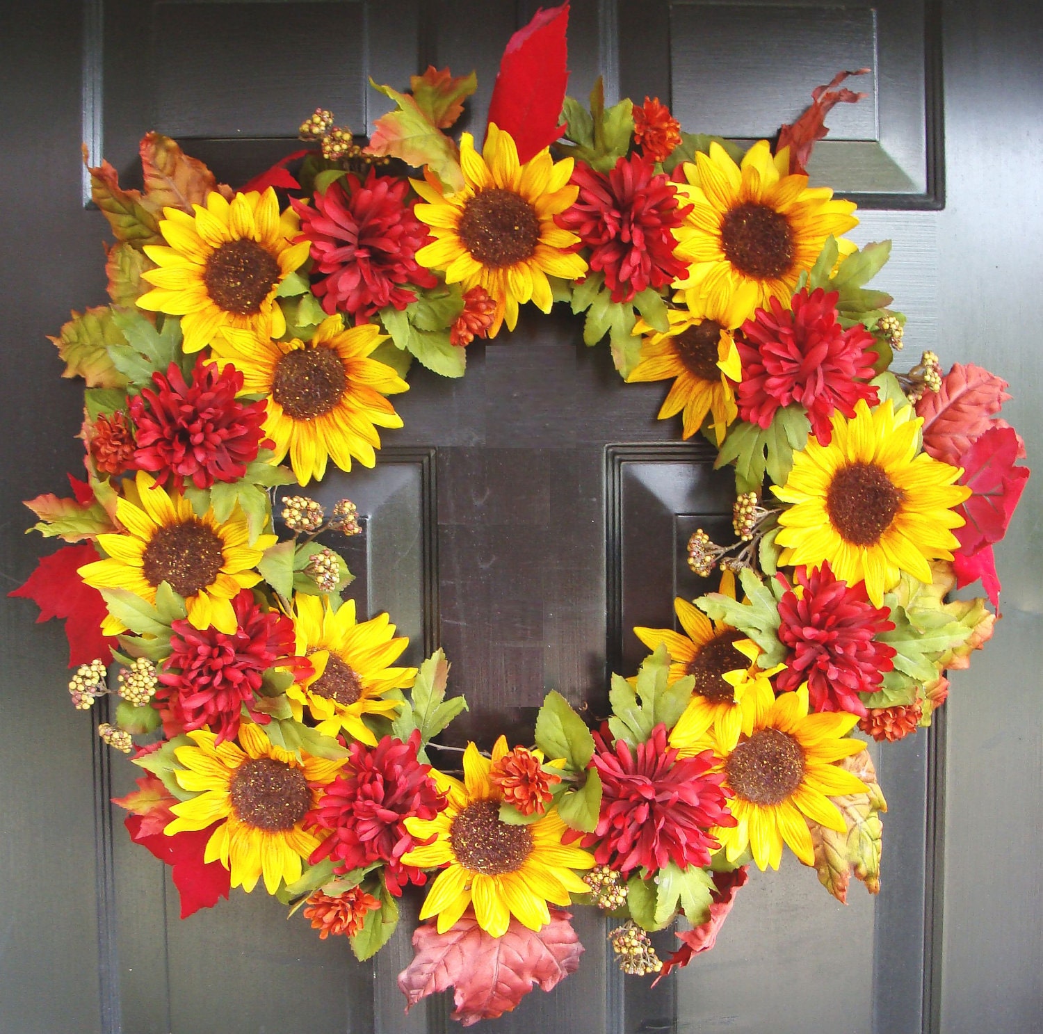 Fall Wreath for Door- Autumn Wreath- Sunflower and Mum Fall Wreath 1 Left
