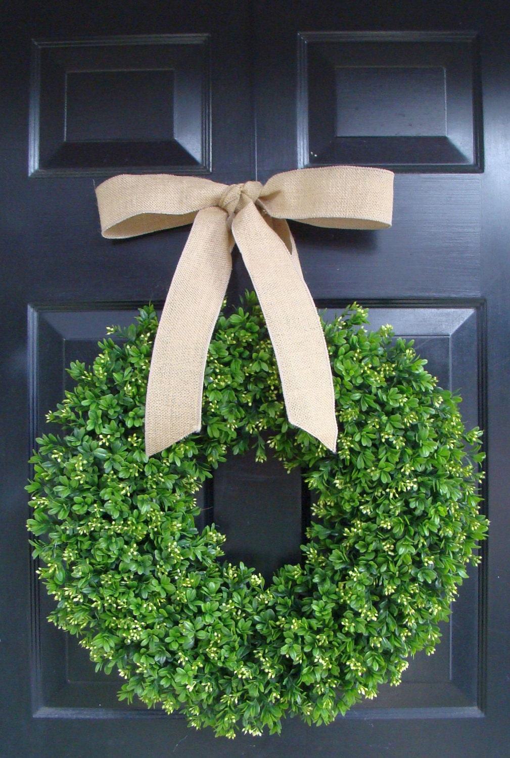 Boxwood Wreath- Wedding Wreath- Front Door Decor- Spring Wreath- Boxwood Wreath with Burlap Ribbon- Christmas Wreath