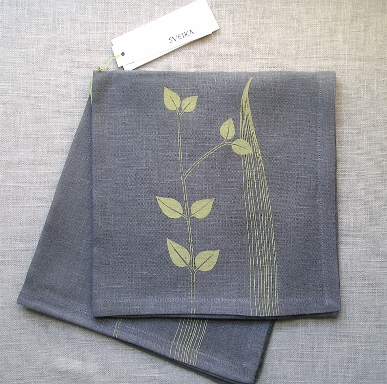 Napkins - Gray Linen Screen Printed Botanical