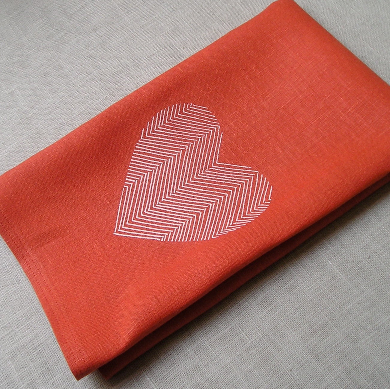 Hand printed Tea Towel - Persimmon Linen Heart