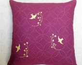 Throw Pillow - Purple Linen - Metallic Gold Screen Printed Birds