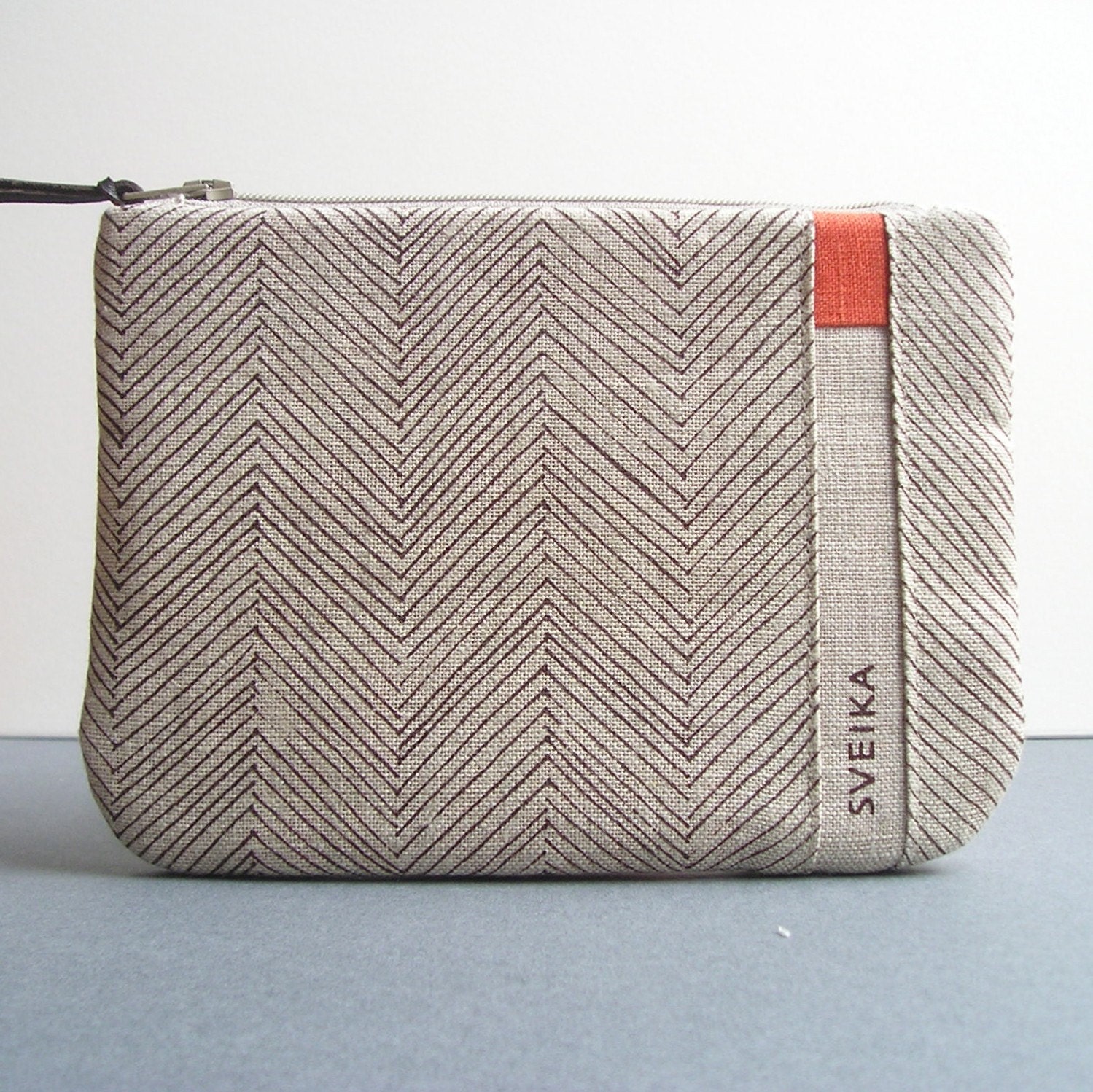 Clutch - Hand-printed linen - Chocolate/Orange Herringbone