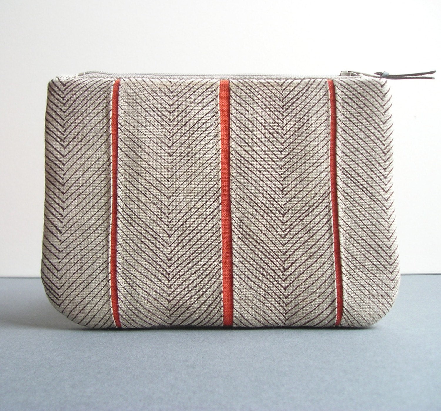 Clutch - Hand-printed linen - Chocolate/Orange Herringbone
