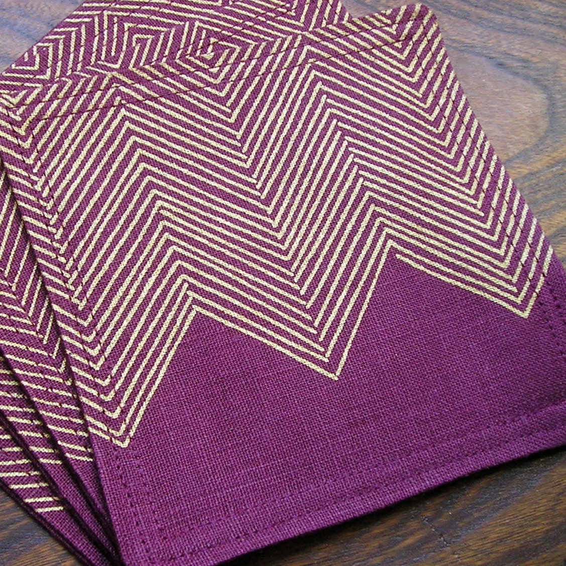 Coasters - Set of 4 - Plum Purple Linen - Gold Herringbone Screenprint
