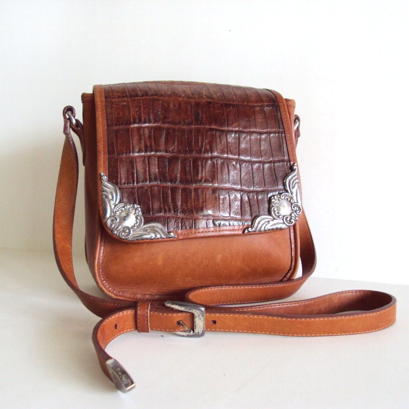 Vtg Brighton Leather Purse with Croc Print on Flap Ornamental strap