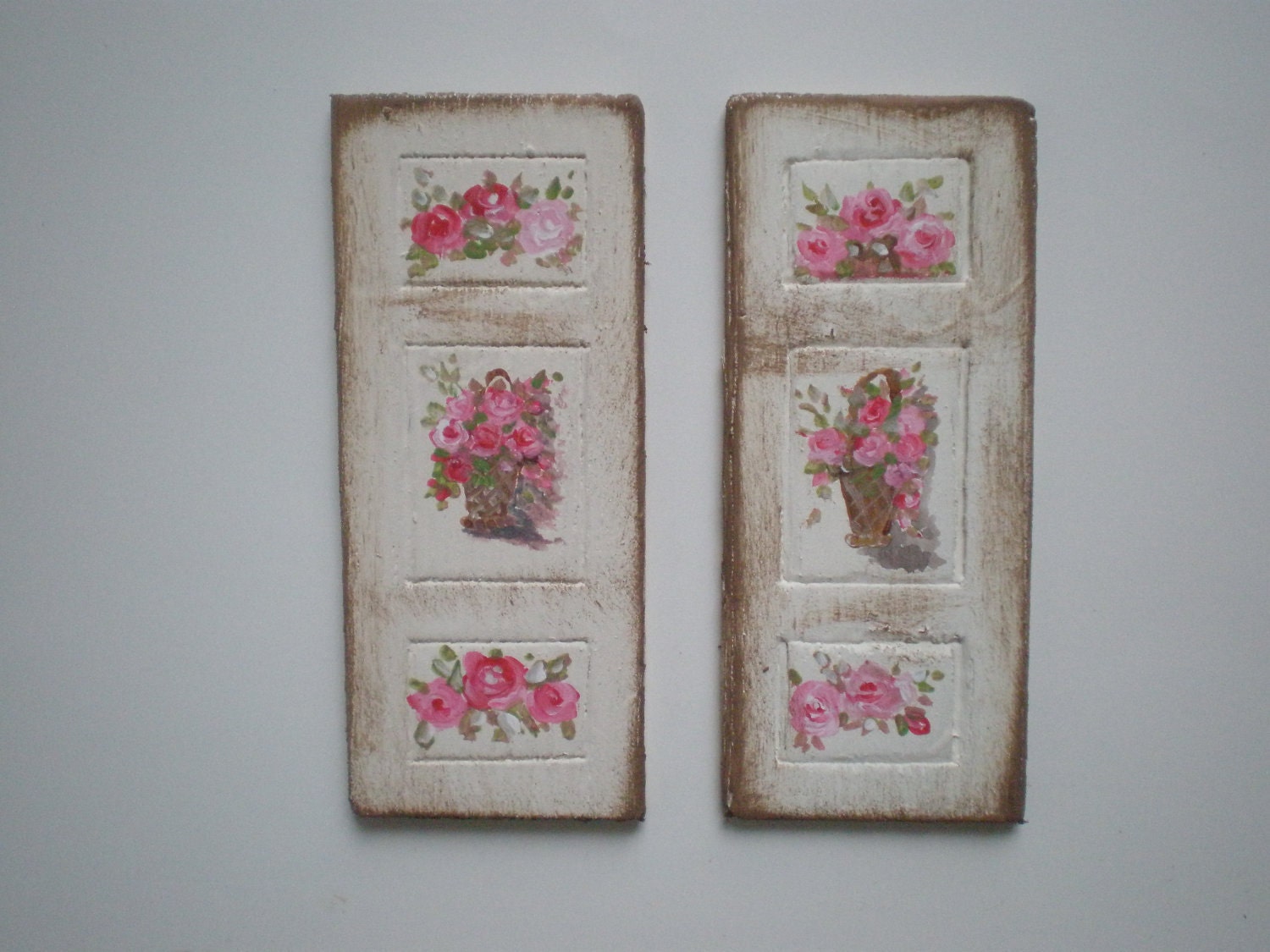Two Shutters Shabby Chic Roses Painting Dollhouse 1 Inch Scale Handpainted