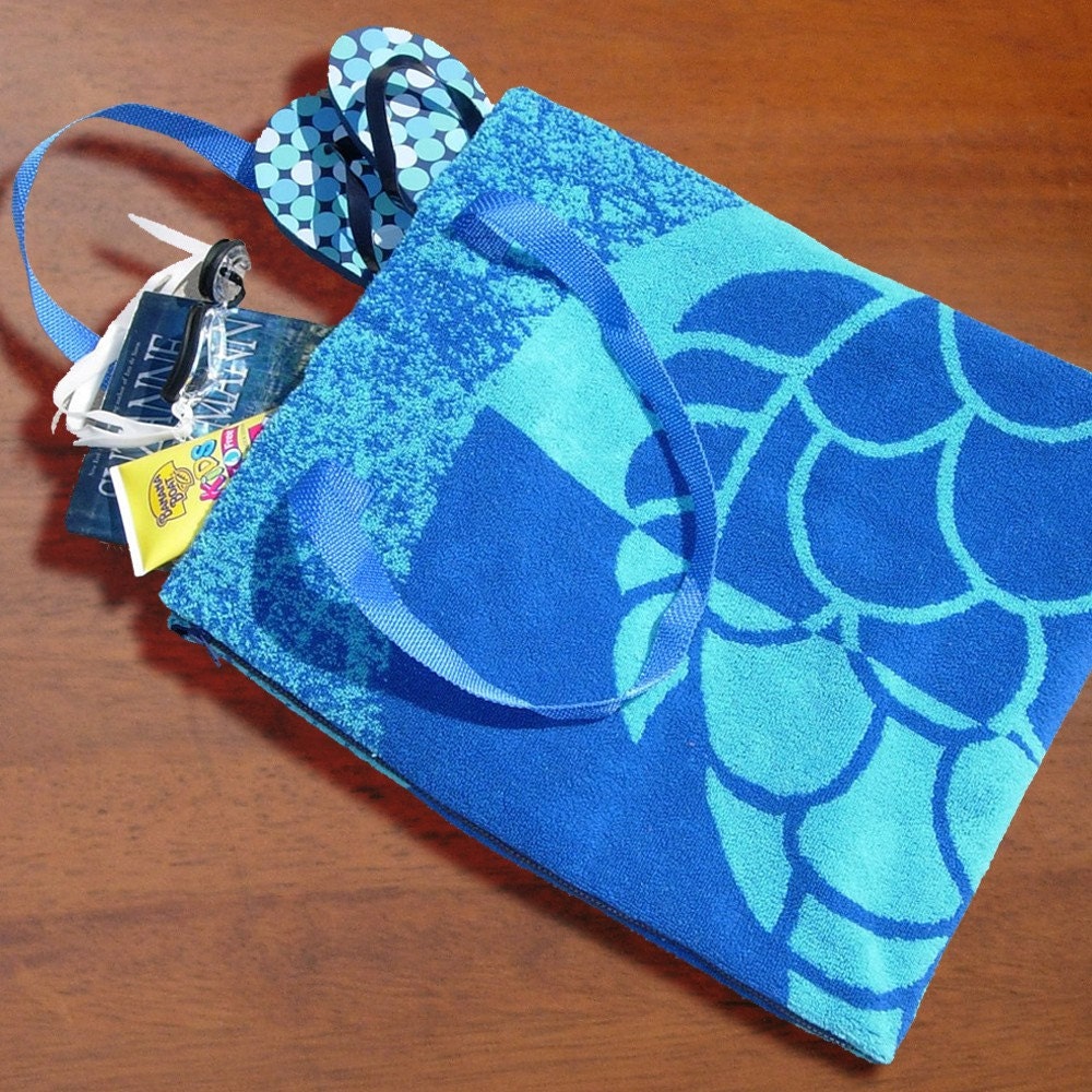 SALE Beach Tote Bag folds out to Beach Towel - Hidden Pocket - Blue