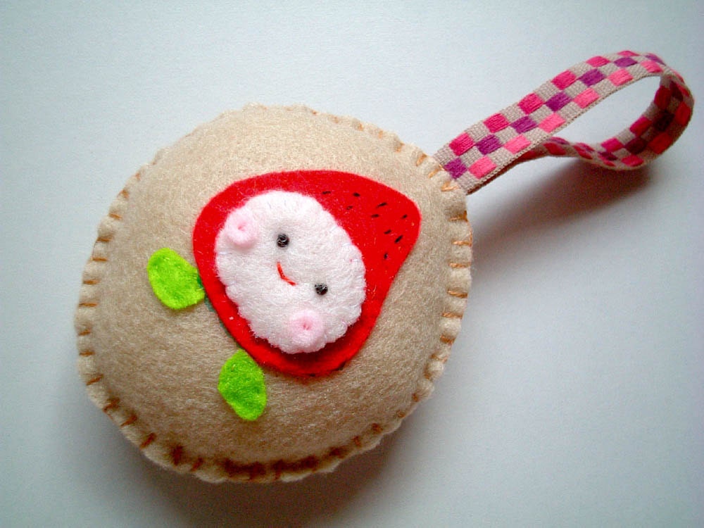 Christmas Ornament, Pin Cushion, plush, cute, kawaii, pink, brown, green, red, felt, kid, girl, boy, home, decor, toy, baby, doll, OOAK