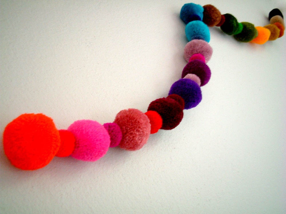 Party Yarn Pom Pom Garland, pom poms, beads, balls, scarf, purple, green, yellow, red, purple, orange, mobile, blue, brown, pink, 15 feet