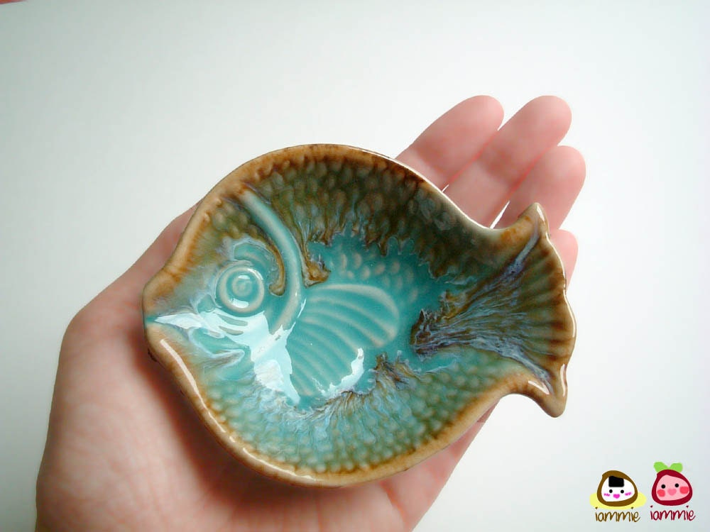 Light Blue Fish Ceramic Plate, ceramic bowl, ceramic dish, sauce, small, ceramic fish, decoration, decor, decorative, brown, water, iammie