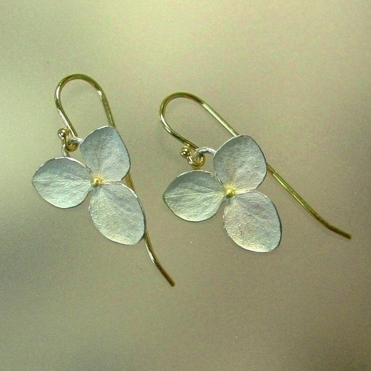 Hydrangea Drop Earrings, Sterling Silver Flowers, 18k Gold Earwires, Made to order
