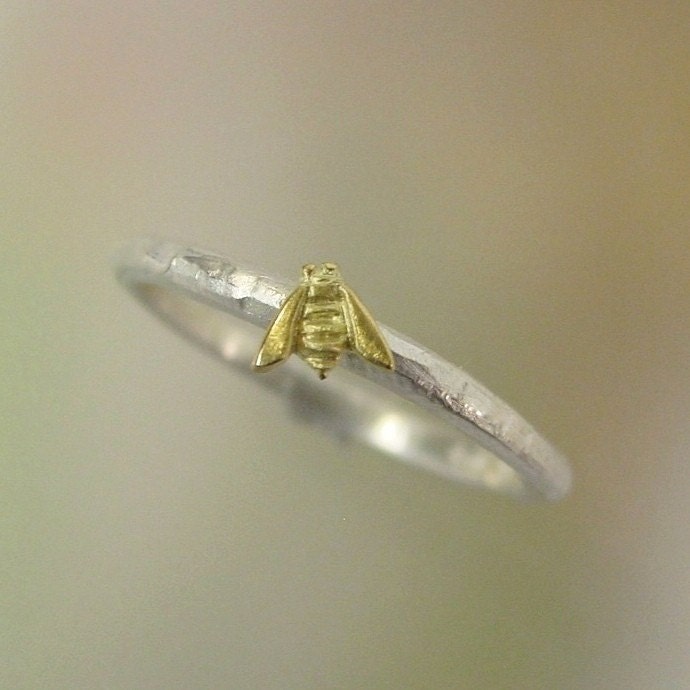Tiny Bee Stacking Ring,  Silver Honey Bee Stacking Ring, Sterling Silver, 18k Gold Bee, Made to order