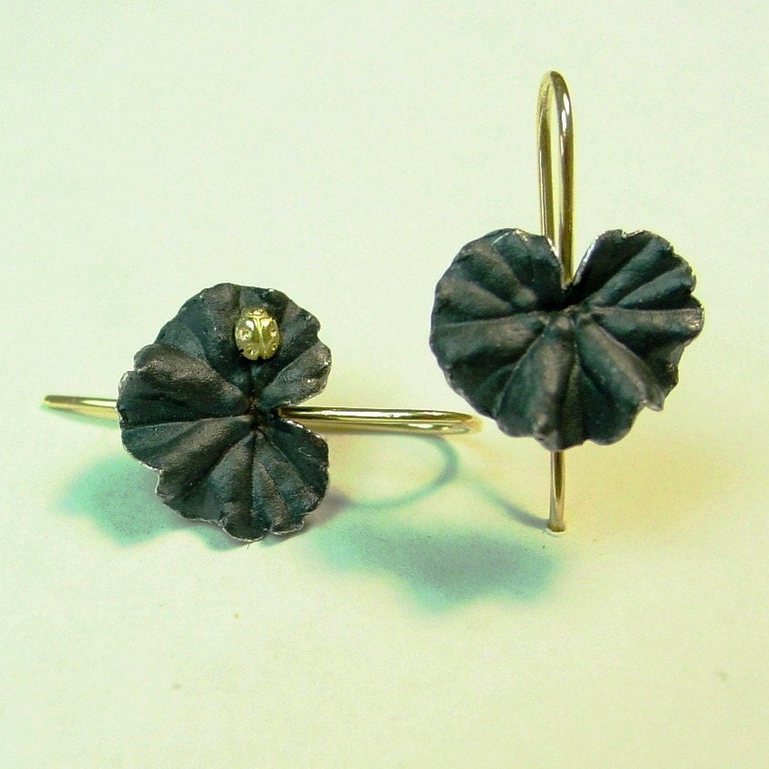 Silver Geranium Leaf Earrings - Oxidized Sterling Earrings - 18k gold Ladybug 18k Gold Earwires - Made to order