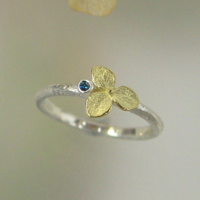 Blue Diamond Engagement Ring, Gemstone Stacking Ring, Hydrangea Blossom Sterling Silver, 18k Gold Flower