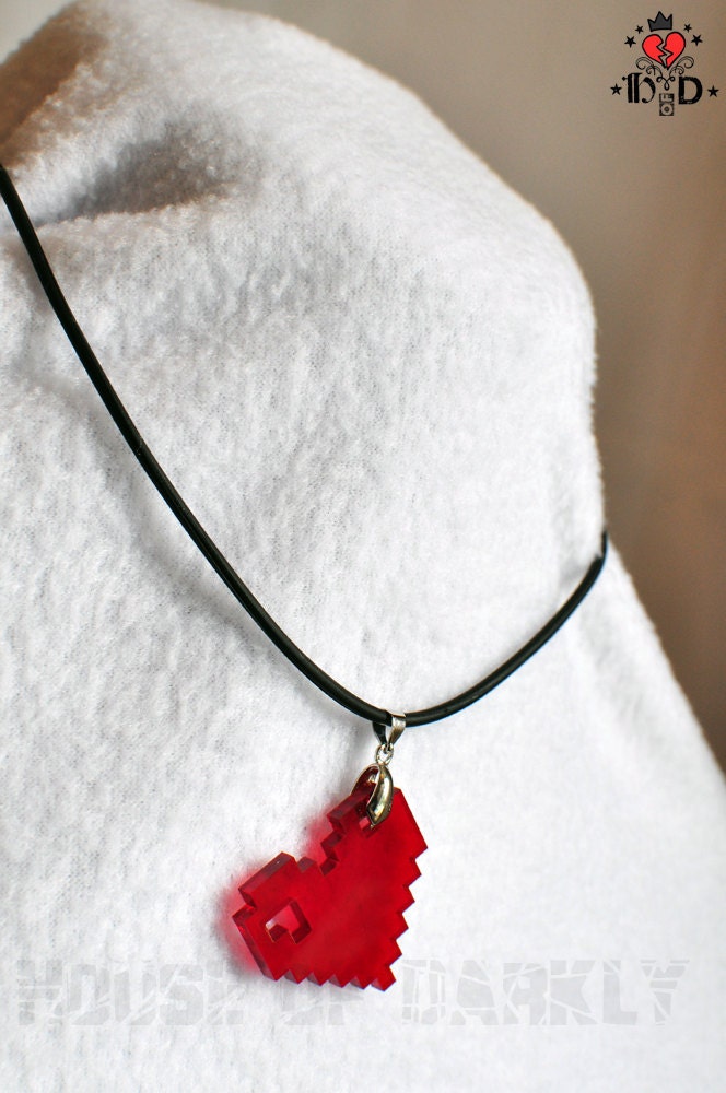 8bit LOVE laser-cut acrylic pixel heart necklace - translucent red
