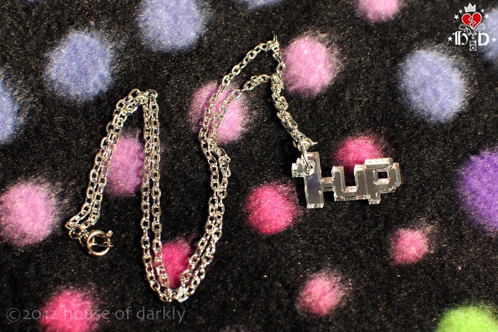 1-UP mirror acrylic necklace for gamer geek