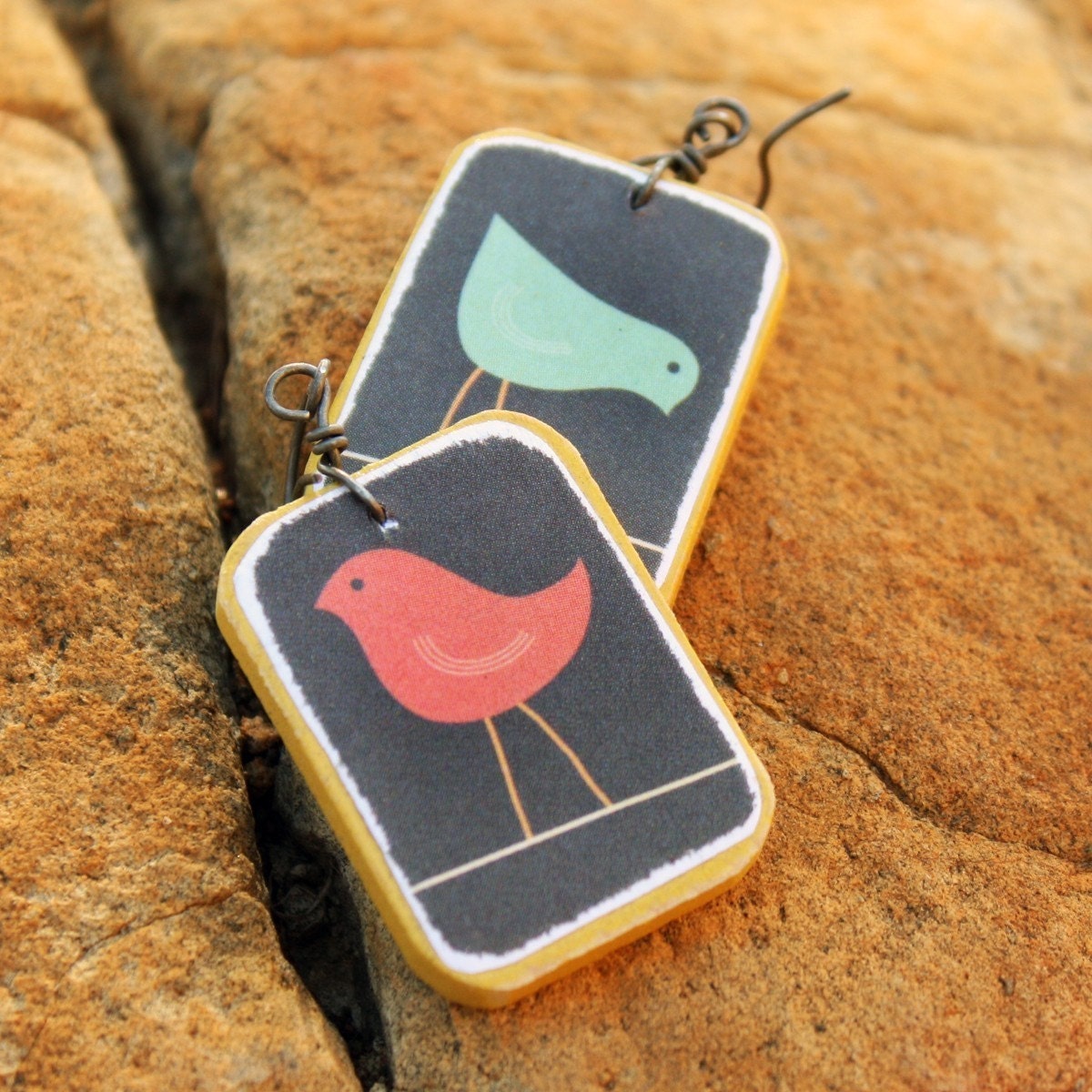 Bird lover jewelry  Rustic style bird earrings Paper and wood decoupage jewelry Handmade by The Paisley Mill . CoHEN