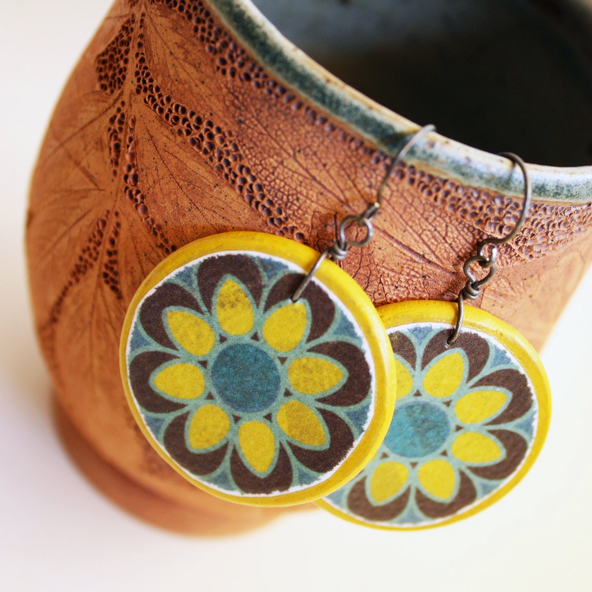 Rustic hippie earrings Wood and paper Yellow and blue Vintage style Handmade by The Paisley Mill . daYBreak