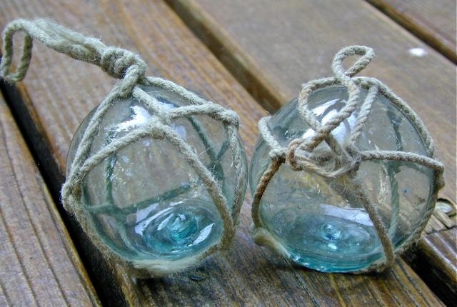 Glass Fishing Float Japanese, Garden PAIR MARKED, Nautical, Home Decor, Ocean, Sea, Beach Decor, Cottage, Fishing, Garden Decor