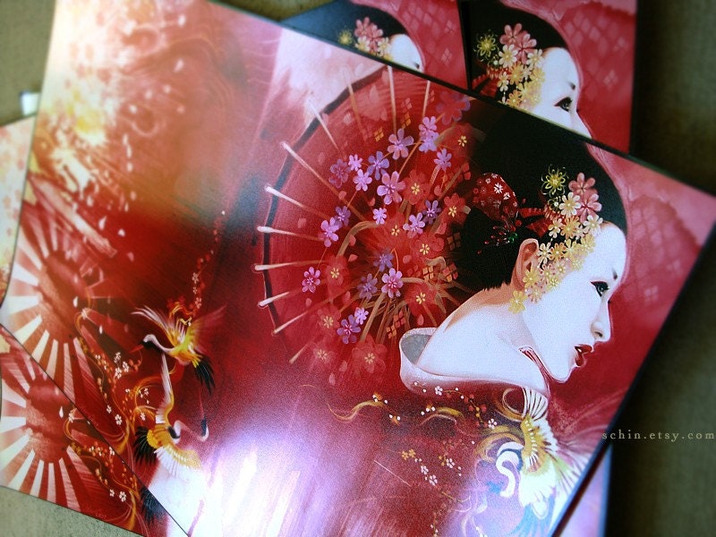 12x18in. Geisha, Cranes Sakura. japan asian concubine art