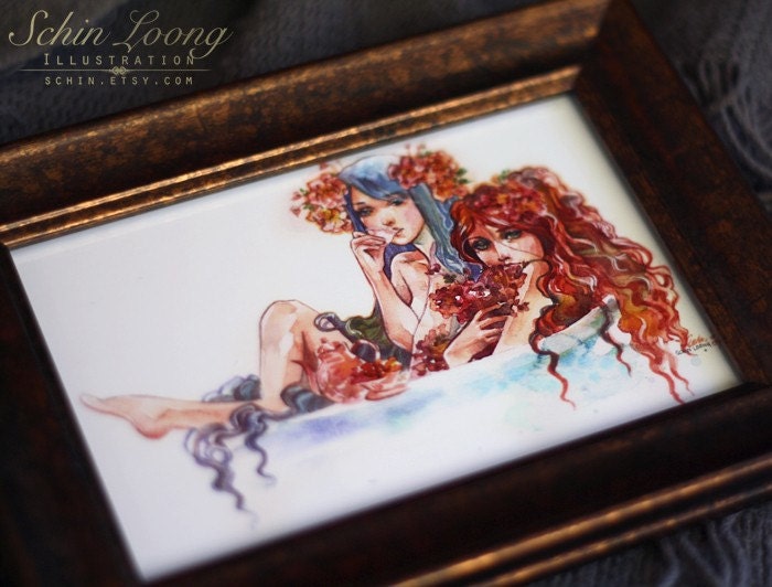 Tea tub. rose bath soak fantasy woman luxury art print