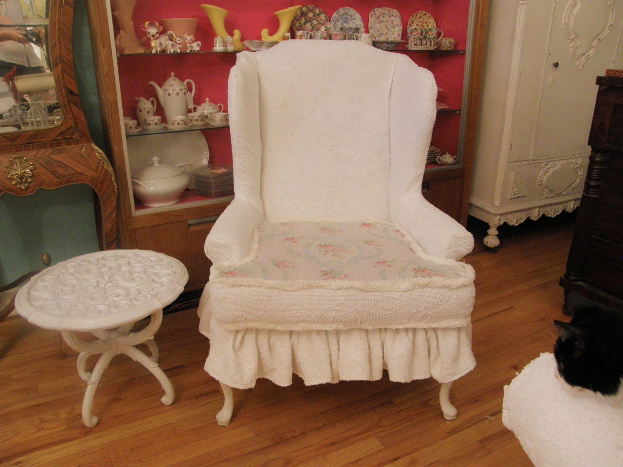 white shabby chic ruffle slipcovered wingback chenille bedspread vintage country cottage prairie