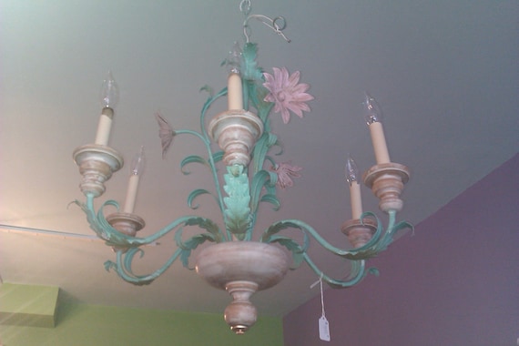 vintage shabby chic tole chandelier aqua blue green pink cottage prairie lighting floral