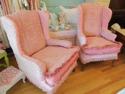 custom made pair wingback chairs vintage chenille bedspread slipcovers shabby chic prairie cottage pink white