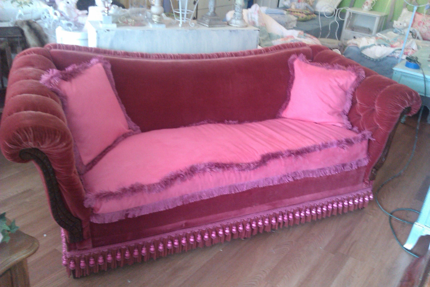 antique sofa couch shabby victorian chic red velvet vintage cottage hot pink tufted fringe