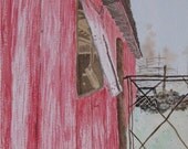 Texas Hill Country Ranch - Shovel Seen Through Barn Window  by Nan Henke watercolor painting 11x14 Original