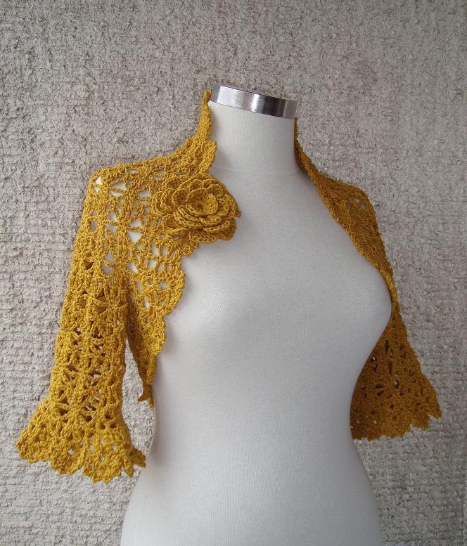 Mustard Gold Yellow Crochet Shrug / Any Season