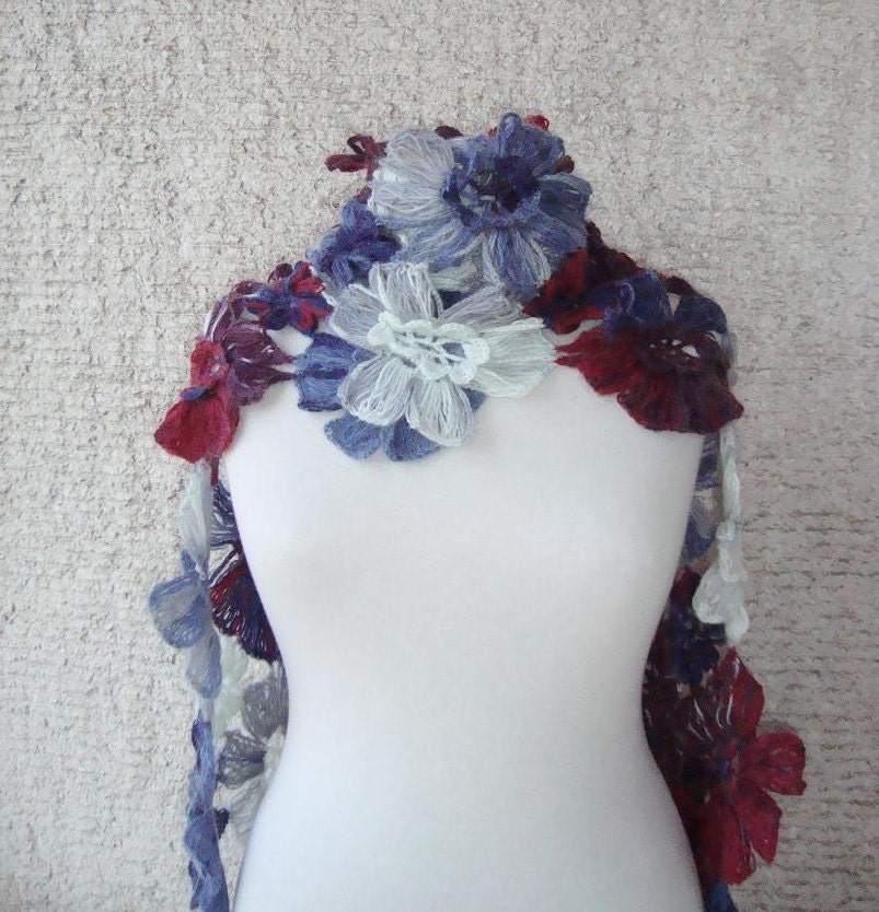 Burgundy and Sky Blue  Daisy Flower Scarf - Scarflette