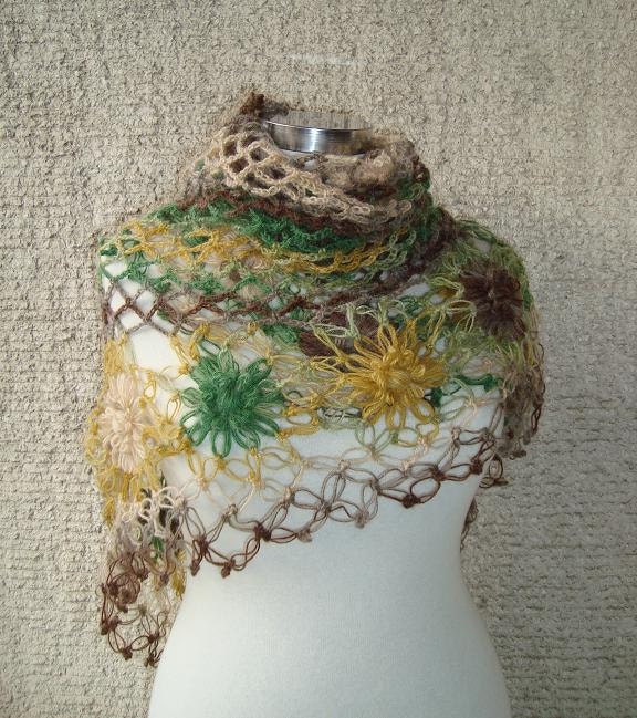 Degrade Green and Mustard  Yellow Mohair  Daisy Flower Triangle Shawl - For her mom gift